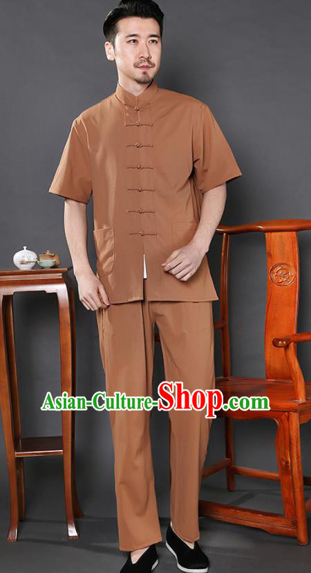 Chinese National Ginger Shirt and Pants Traditional Tang Suit Martial Arts Costumes Complete Set for Men