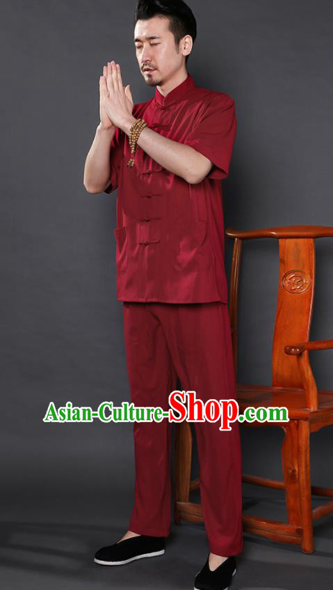 Chinese National Wine Red Shirt and Pants Traditional Tang Suit Martial Arts Costumes Complete Set for Men