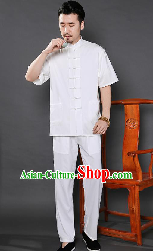 Chinese National White Shirt and Pants Traditional Tang Suit Martial Arts Costumes Complete Set for Men