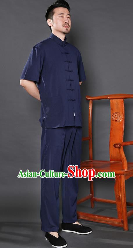 Chinese National Navy Shirt and Pants Traditional Tang Suit Martial Arts Costumes Complete Set for Men