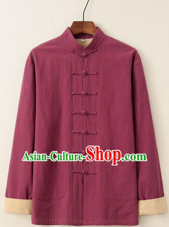 Chinese National Tang Suit Wine Red Upper Outer Garment Jacket Traditional Martial Arts Costumes for Men