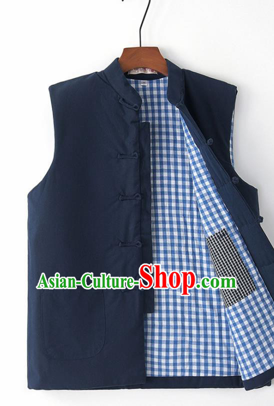 Chinese National Tang Suit Navy Vest Traditional Martial Arts Waistcoat Costumes for Men