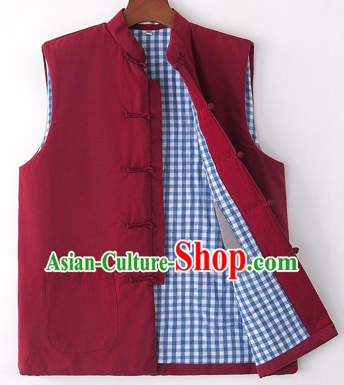 Chinese National Tang Suit Wine Red Vest Traditional Martial Arts Waistcoat Costumes for Men