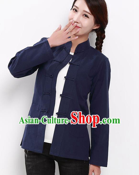 Chinese National Tang Suit Navy Blouse Traditional Martial Arts Shirt Costumes for Women
