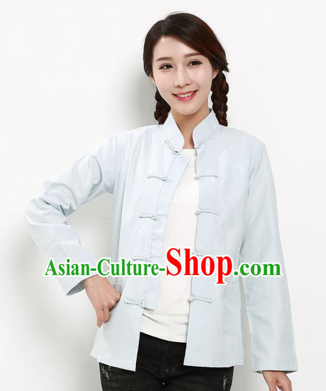 Chinese National Tang Suit Light Blue Blouse Traditional Martial Arts Shirt Costumes for Women