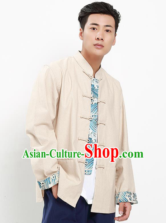 Chinese National Tang Suit Beige Flax Shirt Traditional Martial Arts Upper Outer Garment Costumes for Men