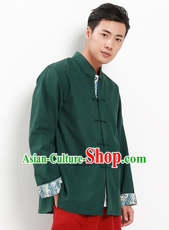 Chinese National Tang Suit Deep Green Flax Shirt Traditional Martial Arts Upper Outer Garment Costumes for Men