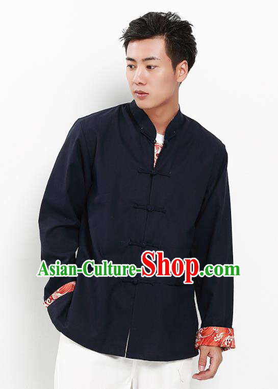 Chinese National Tang Suit Navy Flax Shirt Traditional Martial Arts Upper Outer Garment Costumes for Men