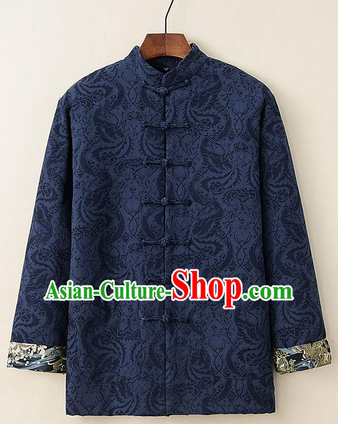 Chinese National Tang Suit Navy Thicken Jacket Traditional Martial Arts Costumes for Men