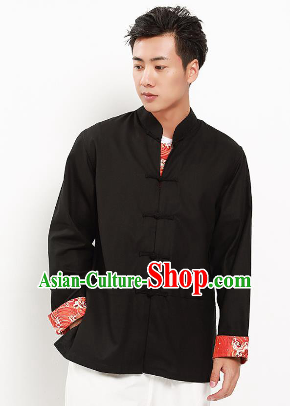 Chinese National Tang Suit Black Flax Shirt Traditional Martial Arts Upper Outer Garment Costumes for Men