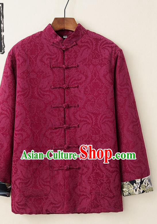 Chinese National Tang Suit Wine Red Thicken Jacket Traditional Martial Arts Costumes for Men