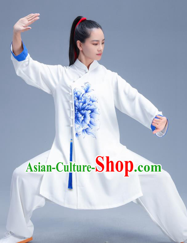 Chinese Traditional Kung Fu Competition Printing Peony White Garment Outfits Martial Arts Stage Show Costumes for Women