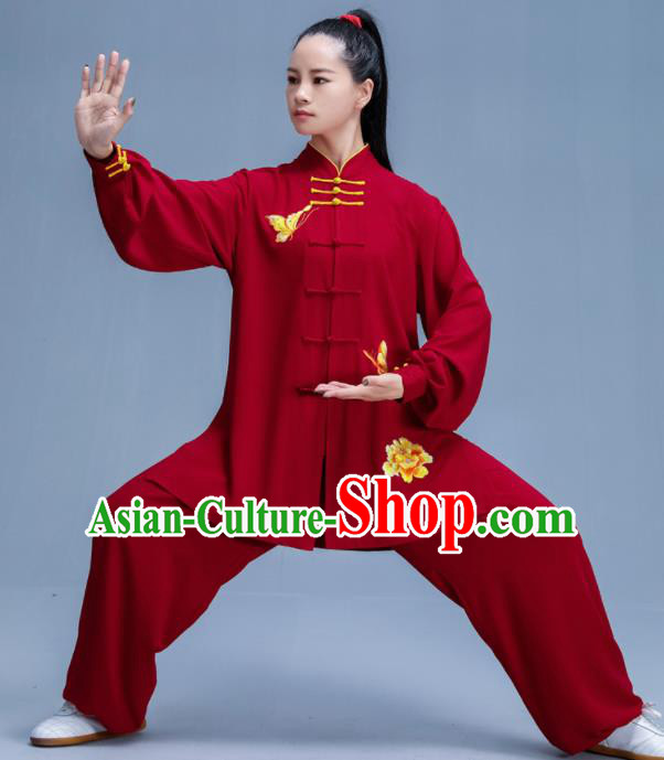 Chinese Traditional Kung Fu Printing Peony Wine Red Garment Outfits Martial Arts Stage Show Costumes for Women