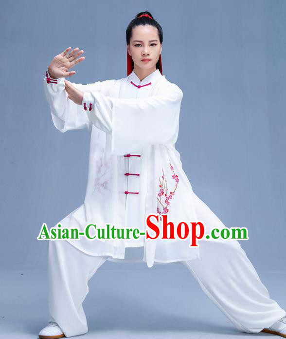 Chinese Traditional Kung Fu Printing Plum White Garment Outfits Martial Arts Stage Show Costumes for Women