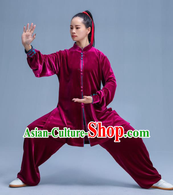 Chinese Traditional Kung Fu Wine Red Velvet Garment Outfits Martial Arts Stage Show Costumes for Women