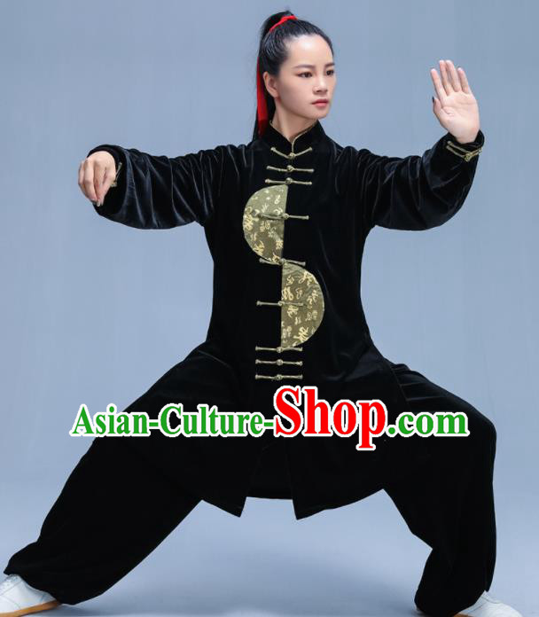 Chinese Traditional Kung Fu Black Velvet Garment Outfits Martial Arts Stage Show Costumes for Women