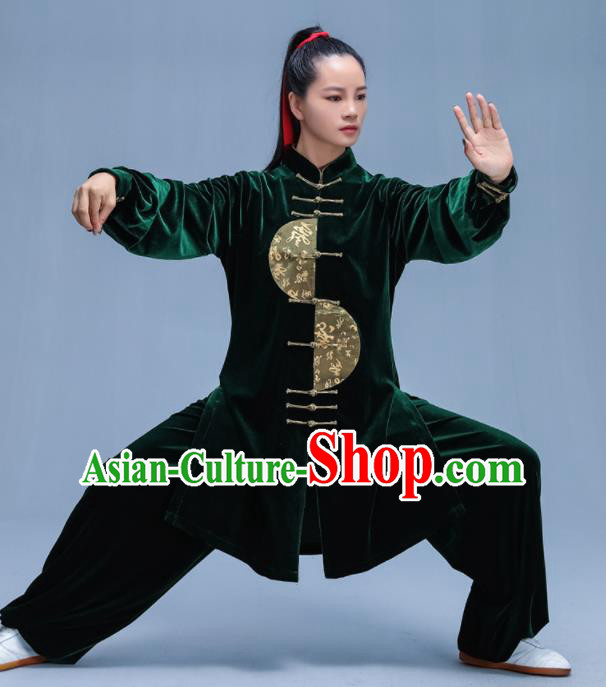 Chinese Traditional Kung Fu Deep Green Velvet Garment Outfits Martial Arts Stage Show Costumes for Women