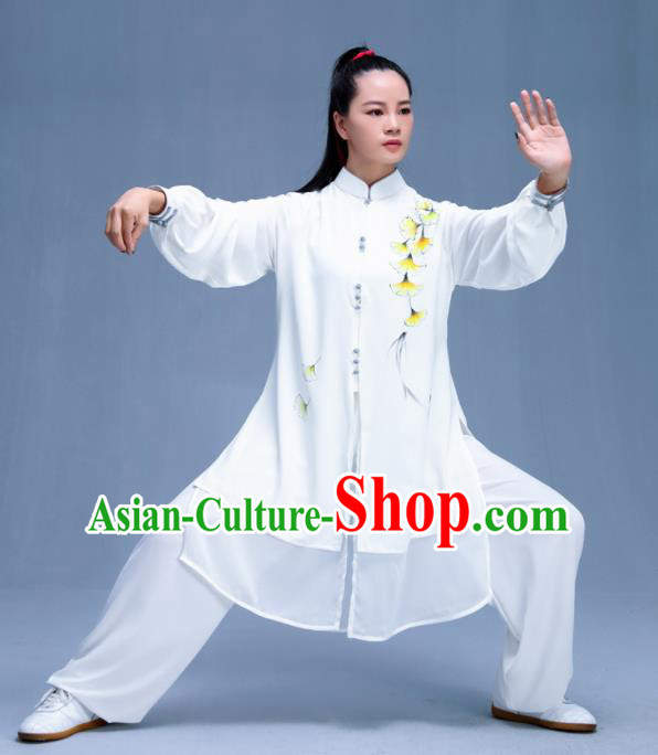 Chinese Traditional Kung Fu Printing Ginkgo Leaf White Garment Outfits Martial Arts Stage Show Costumes for Women