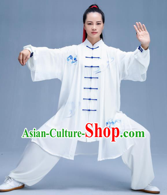 Chinese Traditional Kung Fu Embroidered Cloud White Garment Outfits Martial Arts Stage Show Costumes for Women