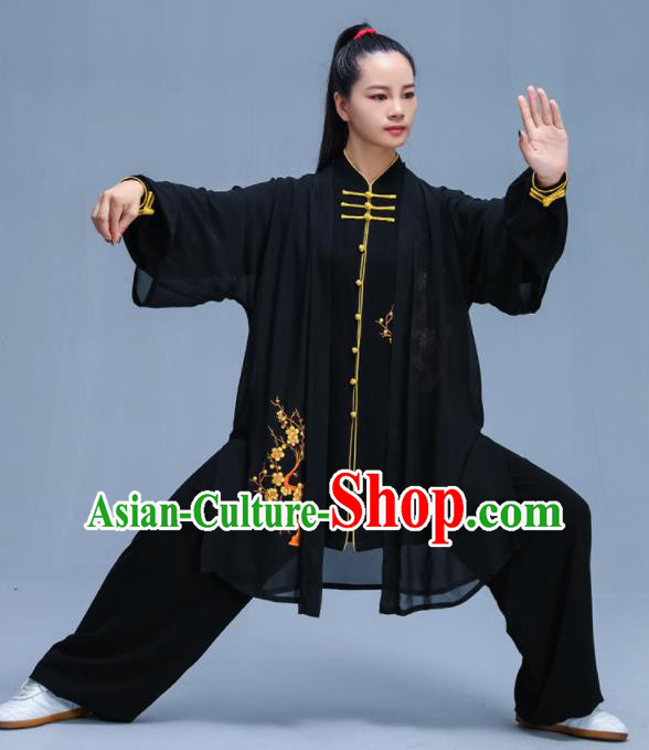 Black Chinese Traditional Kung Fu Embroidered Plum Blossom Garment Outfits Martial Arts Stage Show Costumes for Women