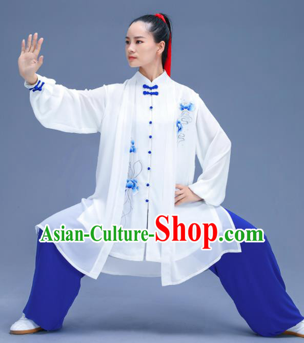 Chinese Traditional Kung Fu Embroidered Blue Peony Garment Outfits Martial Arts Stage Show Costumes for Women