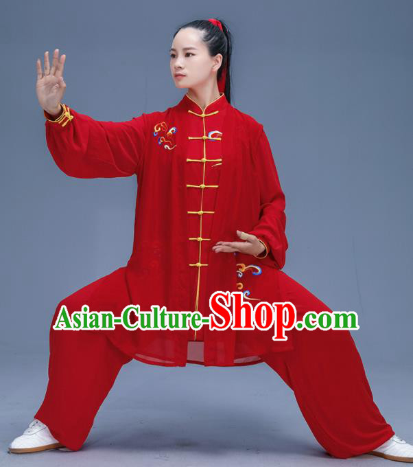 Chinese Traditional Kung Fu Embroidered Cloud Red Garment Outfits Martial Arts Stage Show Costumes for Women