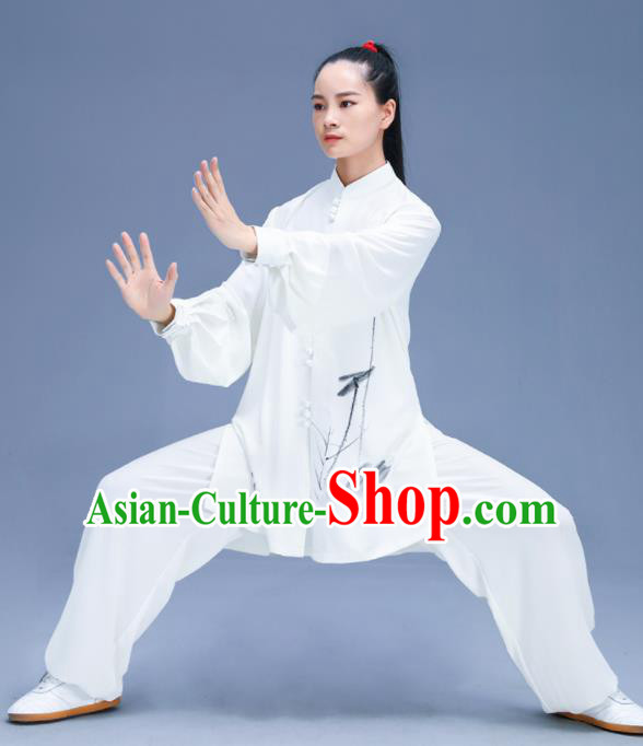 Chinese Traditional Kung Fu Ink Painting Lotus White Garment Outfits Martial Arts Stage Show Costumes for Women