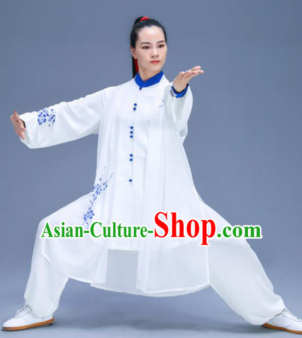 Chinese Traditional Kung Fu Training Printing Plum Blossom White Garment Outfits Martial Arts Stage Show Costumes for Women