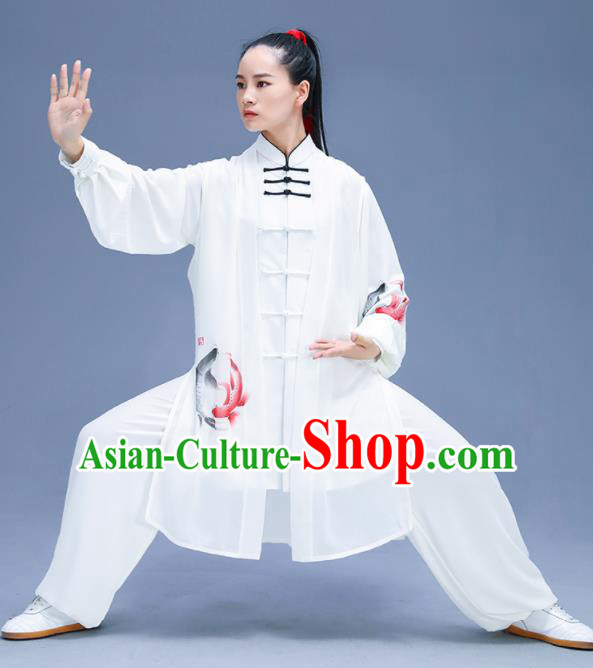 Chinese Traditional Kung Fu Training Printing Carps White Garment Outfits Martial Arts Stage Show Costumes for Women