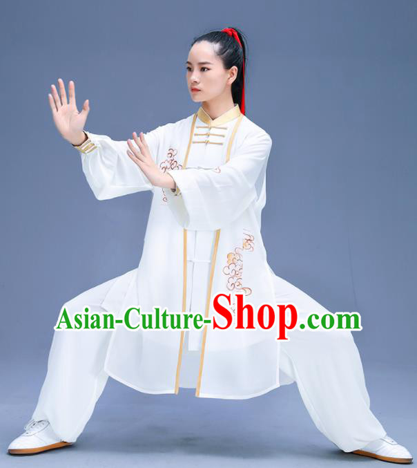 Chinese Traditional Kung Fu Training Printing Clouds White Garment Outfits Martial Arts Stage Show Costumes for Women