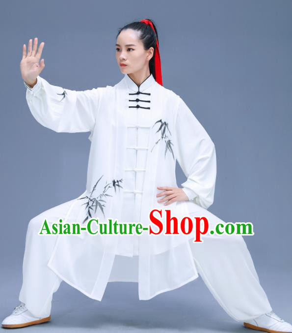 Chinese Traditional Kung Fu Training Ink Painting Bamboo White Garment Outfits Martial Arts Stage Show Costumes for Women