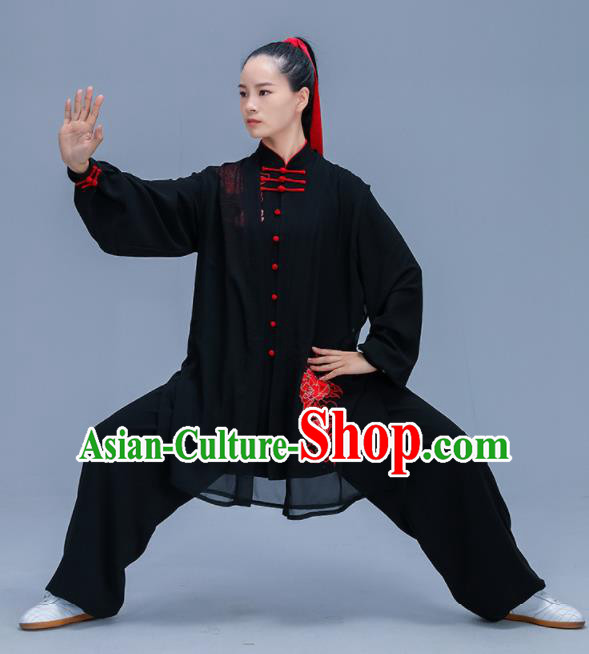 Chinese Traditional Kung Fu Training Embroidered Peony Black Garment Outfits Martial Arts Stage Show Costumes for Women