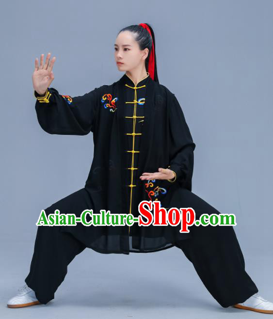 Chinese Traditional Kung Fu Training Embroidered Cloud Black Garment Outfits Martial Arts Stage Show Costumes for Women