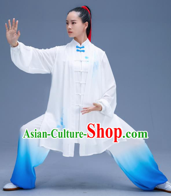 Chinese Traditional Kung Fu Training Gradient Blue Garment Outfits Martial Arts Stage Show Costumes for Women