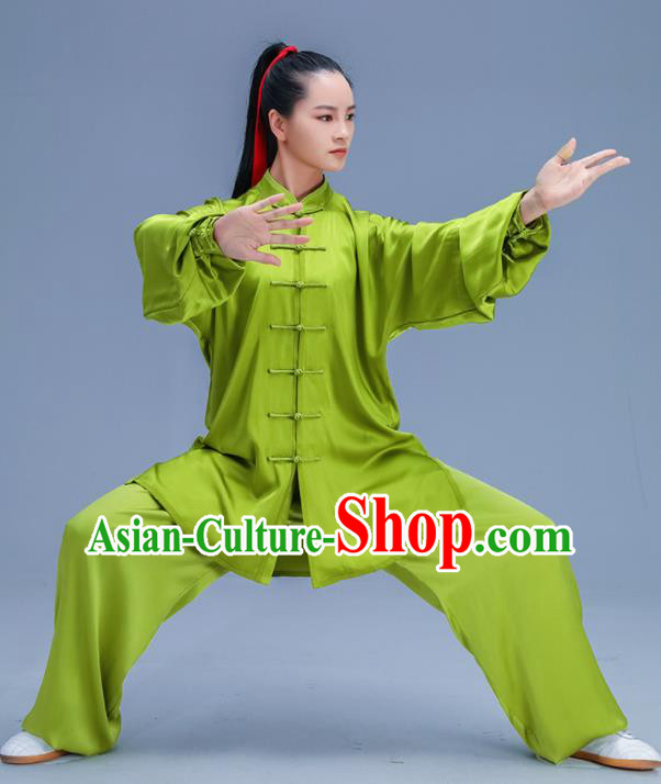 Chinese Traditional Kung Fu Training Green Silk Garment Outfits Martial Arts Stage Show Costumes for Women