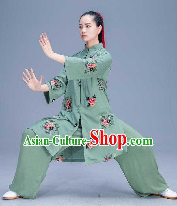 Chinese Traditional Kung Fu Tai Chi Training Printing Green Garment Outfits Martial Arts Stage Show Costumes for Women