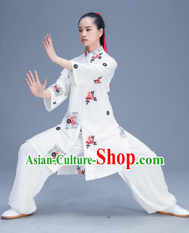 Chinese Traditional Kung Fu Tai Chi Training Printing White Garment Outfits Martial Arts Stage Show Costumes for Women