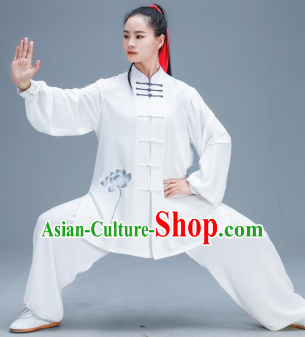 Chinese Traditional Kung Fu Tai Chi Training Embroidered Grey Lotus Garment Outfits Martial Arts Stage Show Costumes for Women