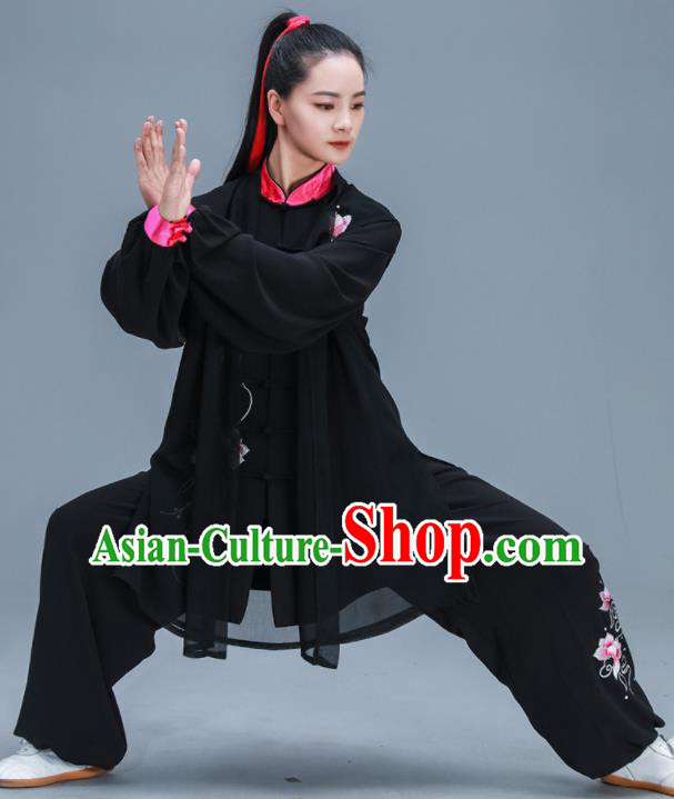 Chinese Traditional Kung Fu Tai Chi Training Embroidered Peony Black Garment Outfits Martial Arts Stage Show Costumes for Women