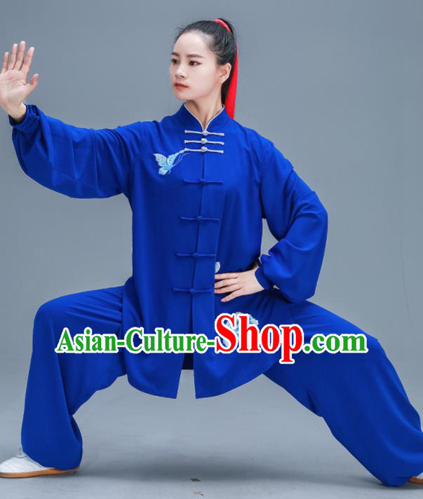 Chinese Traditional Kung Fu Tai Chi Training Embroidered Peony Royalblue Garment Outfits Martial Arts Stage Show Costumes for Women