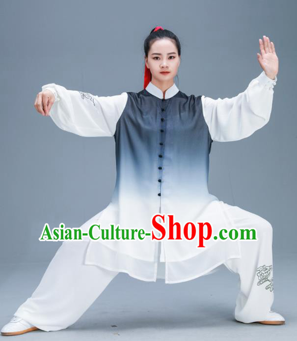 Chinese Traditional Kung Fu Tai Chi Gradient Grey Garment Outfits Martial Arts Training Costumes for Women