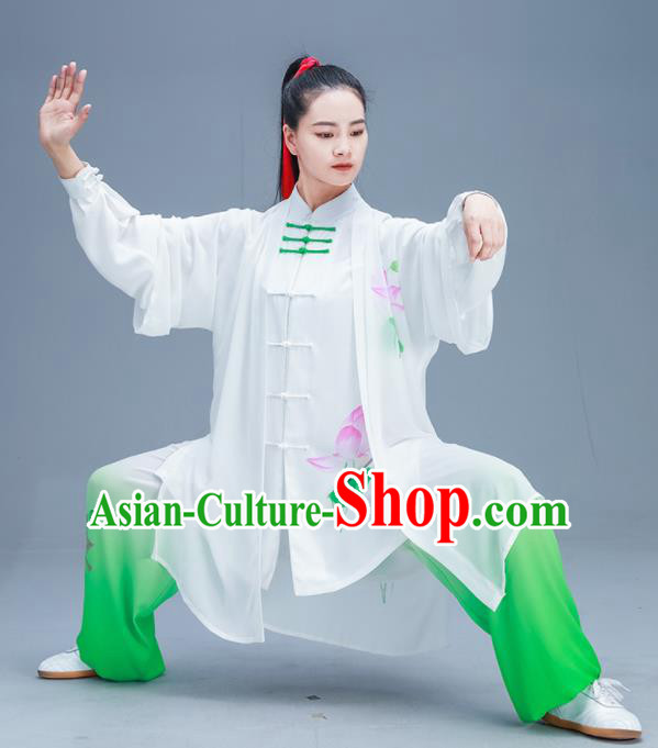 Chinese Traditional Kung Fu Tai Chi Printing Lotus Garment Outfits Martial Arts Training Costumes for Women