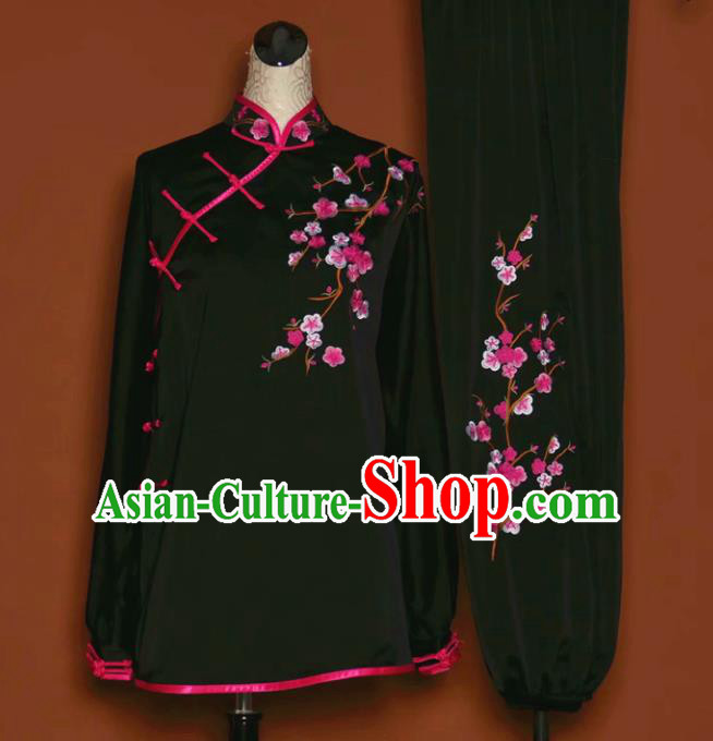 Chinese Tai Chi Embroidered Plum Black Garment Outfits Traditional Kung Fu Martial Arts Training Costumes for Women