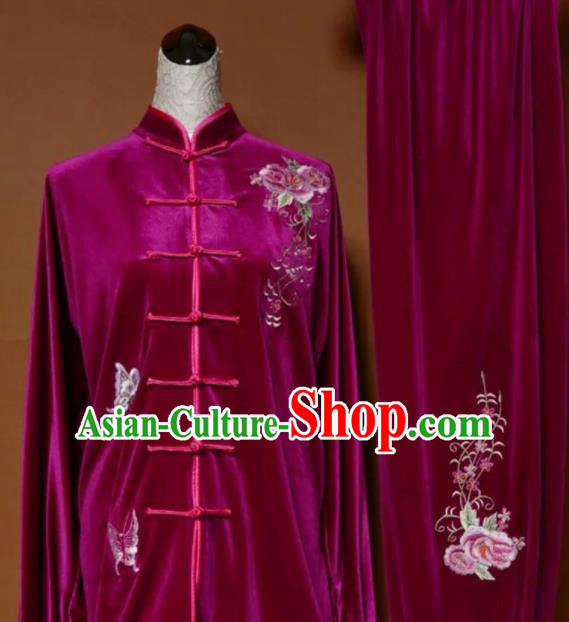 Chinese Tai Chi Embroidered Peony Butterfly Rosy Velvet Garment Outfits Traditional Kung Fu Martial Arts Training Costumes for Adult