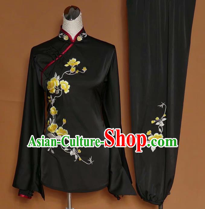 Chinese Tai Chi Embroidered Peony Black Silk Garment Outfits Traditional Kung Fu Martial Arts Training Costumes for Women