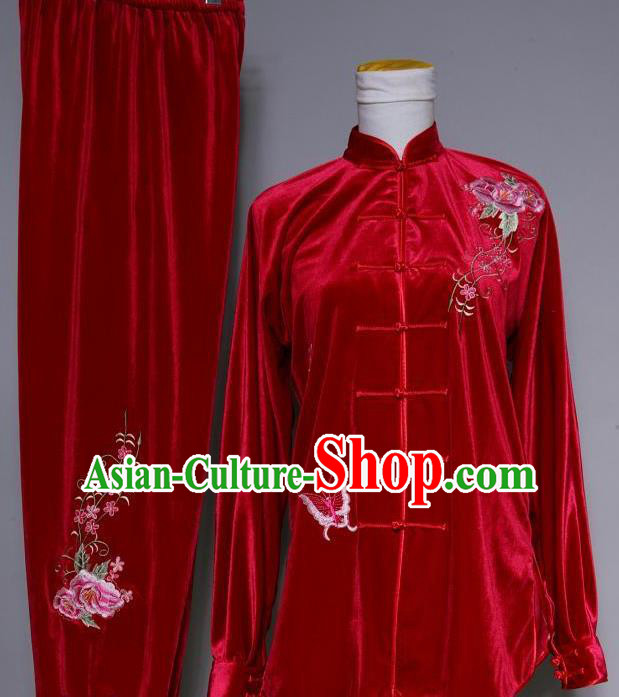 Chinese Tai Chi Embroidered Peony Butterfly Red Velvet Garment Outfits Traditional Kung Fu Martial Arts Training Costumes for Adult