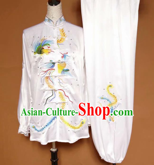 Chinese Tai Chi Embroidered Phoenix White Silk Garment Outfits Traditional Kung Fu Martial Arts Training Costumes for Women