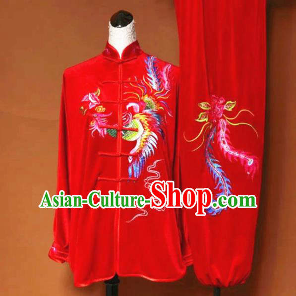 Chinese Tai Chi Embroidered Phoenix Red Velvet Garment Outfits Traditional Kung Fu Martial Arts Training Costumes for Women