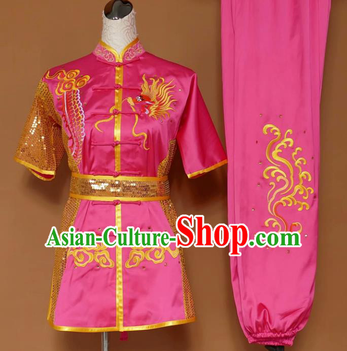 Chinese Tai Chi Changquan Embroidered Dragon Rosy Garment Outfits Traditional Kung Fu Martial Arts Costumes for Adult