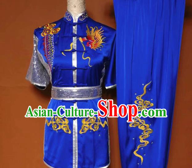 Chinese Tai Chi Changquan Embroidered Dragon Royalblue Garment Outfits Traditional Kung Fu Martial Arts Costumes for Adult